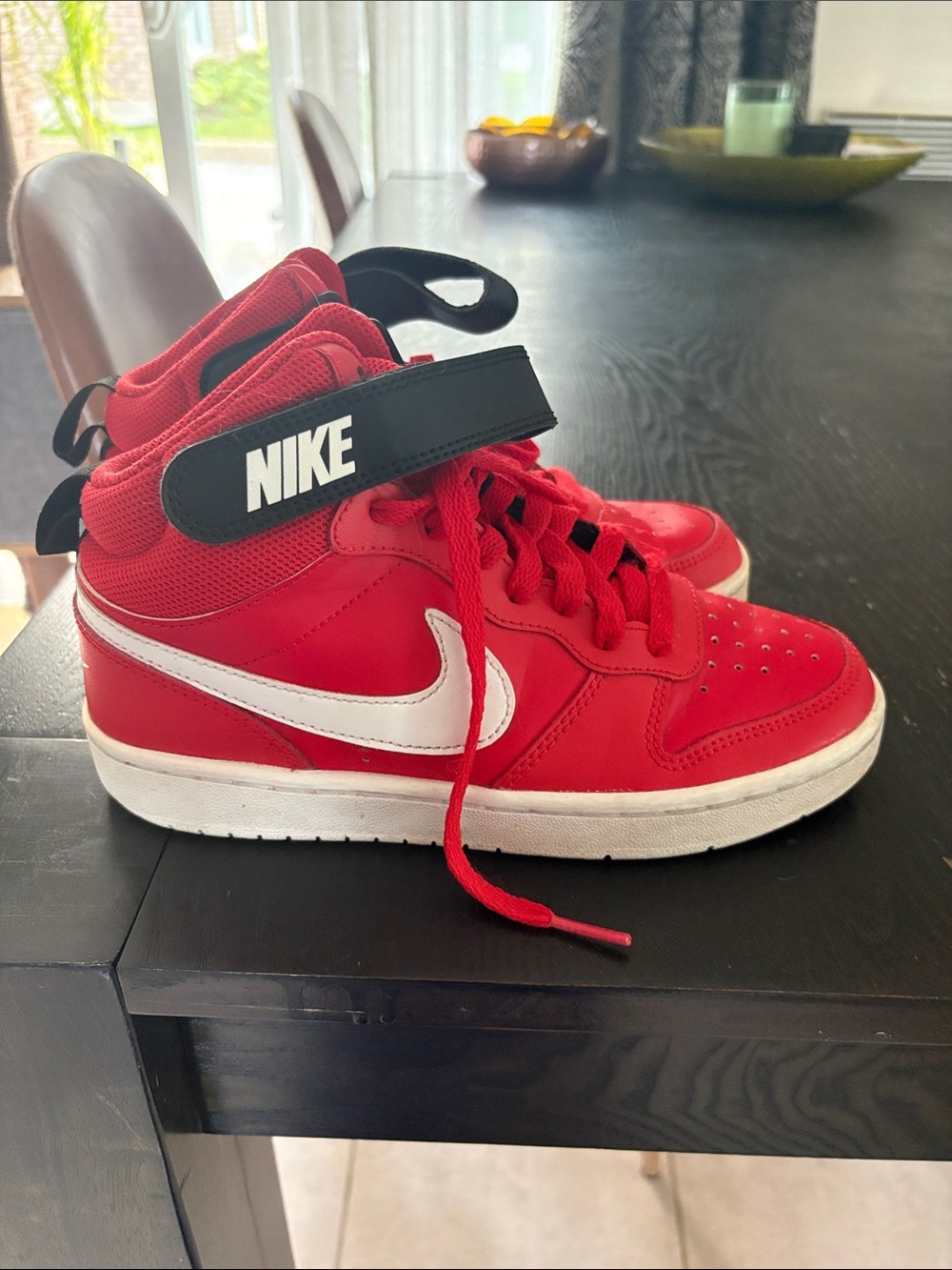 Nike Kids (or women) Red High-Top Sneakers with White Swoosh and Black Strap